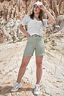 Женские летние шорты на высокой талии с карманами из коттона, натуральная ткань. Оливковые S