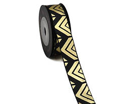 Стрічка для подарунку, чорна з  золотим орнаметном "Трикутник"