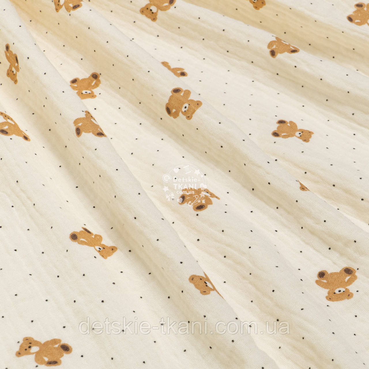 Двошаровий жатий муслін "Маленькі ведмедики і крапки на світло-ванільному тлі", ширина 135 см, фото 1