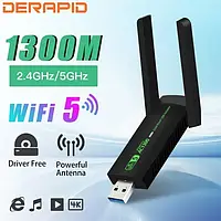 Двухдиапазонный USB Wi-Fi 5 (AC) адаптер DERAPID 2.4/5GHz 1300 Mbps Wireless Lan Card Black UWA-2