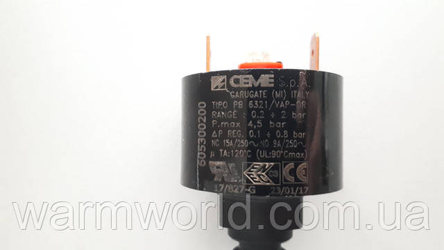 605300200 CEME S.p.A. Carugate (MI) Italy Tipo PB 6321/VAP-DR RANGE: 0.2-2 bar P.max 4,5 bar P Reg 0.1-0.8 bar NC 15A/250 9A/250 m TA: 120°C (UL:90°Cmax) 605300200 CEME S.p.A. Carugate (MI) Italy Tipo PB 6321/VAP-DR RANGE: 0.2-2 bar P.max 4,5 bar P Reg 0.1-0.8 bar NC 15A/250 9A/250 m TA: 120°C (UL:90°Cmax)