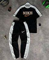 Мужской летний костюм штаны с футболкой вышитый лого черный Комплект спортивный штаны с лампасами на резинке