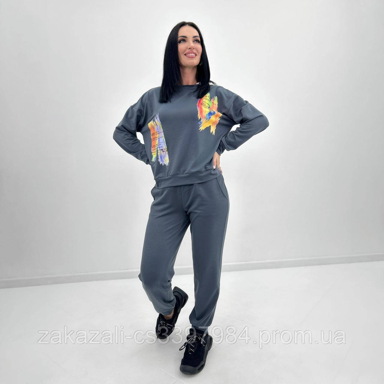 📌 Жіночий костюм з принтом малюнком, двонитка, весна | Комплект Світшот із капюшоном + штани (брюки) | Норма, фото 1