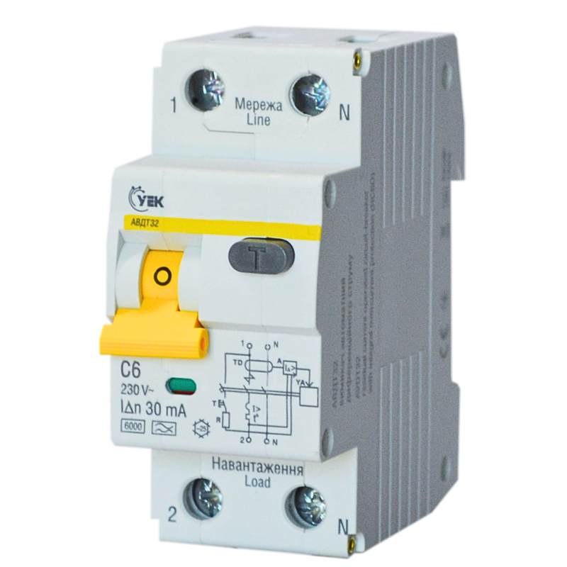 Диференційний вимикач 2P 6A 30мА "C" тип А [MAD22-5-006-C-30-U] АВДТ32 УEK, фото 1