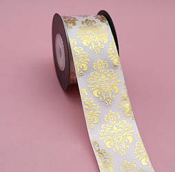 Стрічка для подарунку, рожева з золотим орнаметном "Ажур"