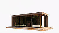 Modular frame house with a bathhouse and a bathroom 8.0x3.0m with panoramic windows from Thermowood Production