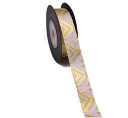 Стрічка для подарунку, рожева з  золотим орнаметном "Трикутник"