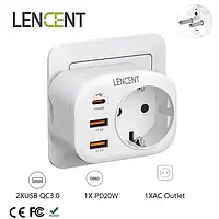 Сетевой разветвитель LENCENT WW09-F-PD 16A 4000W 4 в 1 с функцией быстрой зарядки PD+QC3.0 20W