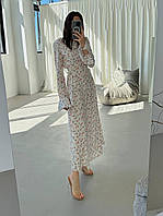 Женское длинное платье макси в цветочный принтс длинным рукавом легкое весеннее на завязках (черный розовый)