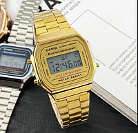 Часы мужские Casio Мужские кварцевые часы под золото Casio a168 Электронные часы casio в металлическом корпусе