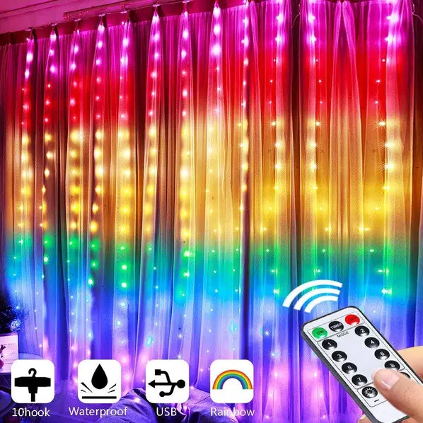 Штора світлодіодна гірлянда крапля роси Rainbow 3 х 3 метри з пультом від USB від павербанка