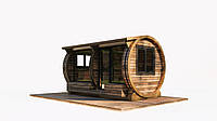Barrel sauna 4.5x2.3m made of thermowood with panoramic windows produced by Thermowood Production