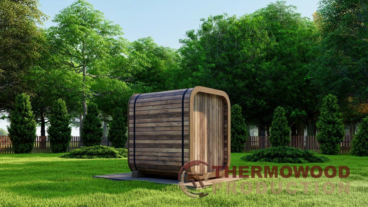 Mini-Cube sauna made of thermowood 1.75x1.3xh2.0m Gartensauna-28 for 2 persons produced by Thermowood - фото 2 - id-p2167077183