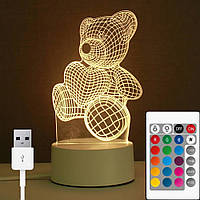 Ночник 3D Мишка "Люблю тебя" от USB, с пультом / Лампа-ночник / Акриловый ночник-светильник