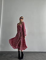 Женское длинное платье в цветочек с декольте шнуровкой на спине длинный рукав красное голубое пудровое леопард Красный, 46/48