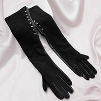 Замшевые черные длинные перчатки, Женские длинные черные перчатки с кнопками
