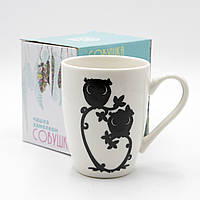 Чашка хамелеон 360 мл Совы на дереве, универсальная кружка на подарок, чашка для чая/кофе белая с рисунком
