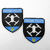 Вышитый шеврон DRONE PILOT, шеврон щит 8,5см*7,5см с рисунком дрона, нашивка-патч черный-голубой Пилота Дрона