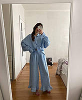 Голубой женский,брючной,льняной оверсайз костюм двойка (рубашка удлиненная+брюки палаццо).Костюм из льна,42/46