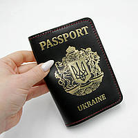 Обкладинка на паспорт шкіряна "Passport Ukraine" чорна з золотистим гравіюванням та червоною ниткою