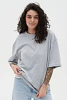 Свободная женская футболка оверсайз серая с рукавами до локтя на обхват груди 108см размер S-M