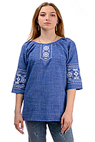 Женская нарядная блузка - вышиванка "Пани", рукав 3/4, ткань лен-габардин, р. 44,46,48,50,52,54,56,58,60 джинс