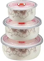 Набор из 3 фарфоровых салатников с крышками Frico FRU-435 Цветы Набор кухонных салатников Белый