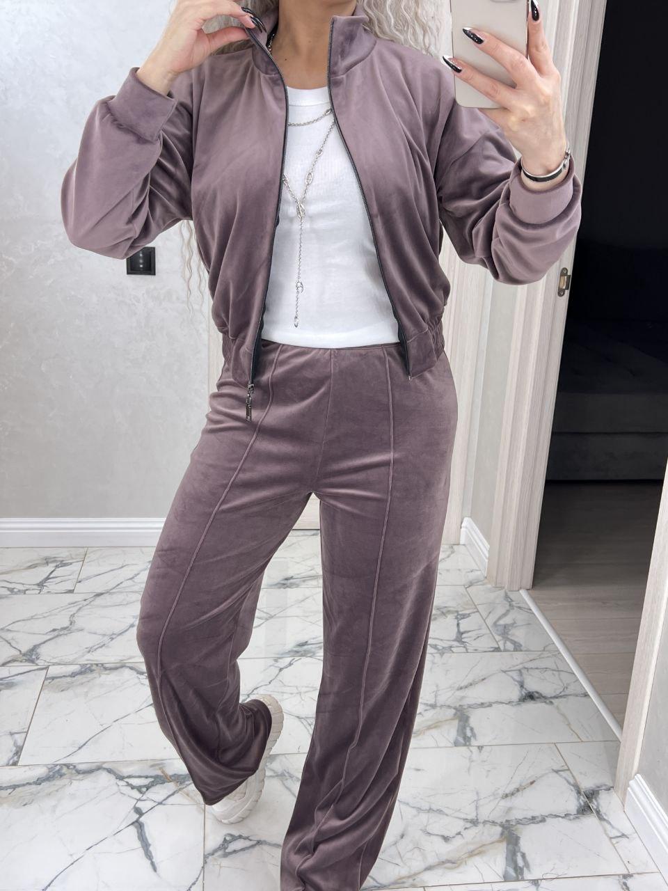 Оксамитовий костюм зі штанами палаццо та короткою кофтою на блискавці (р. 42-48) 7KO3621, фото 1
