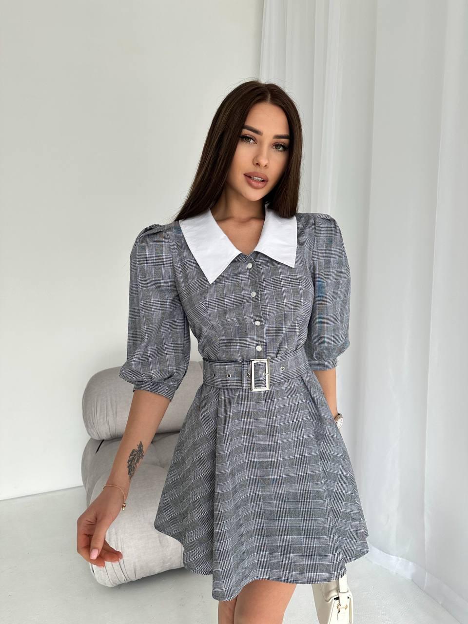 Сіре плаття в клітинку з поясом і короткими рукавами ліхтариками (р. S, M) 66PL5621Q, фото 1