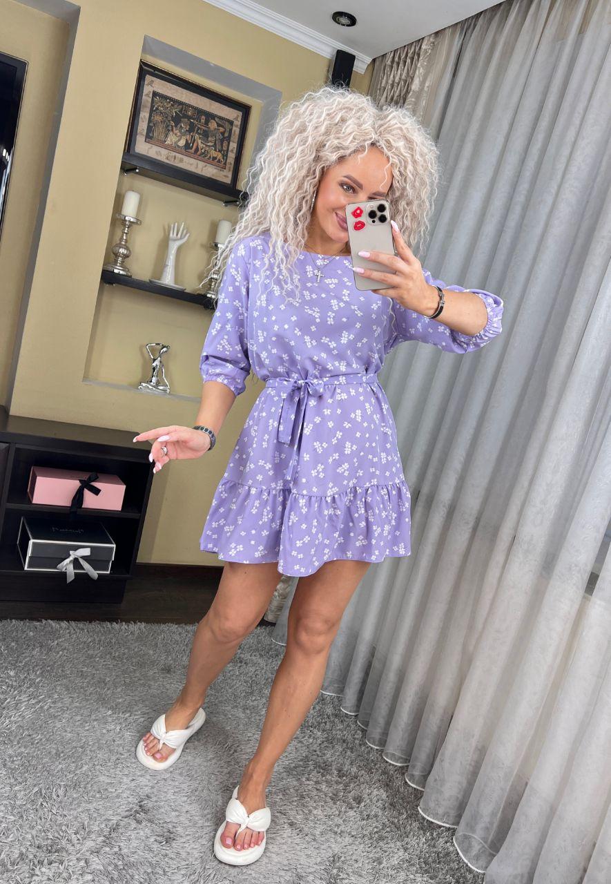 Коротке вільне плаття у квітковий принт з рукавами 3/4 та поясом на талії (р. 42-52) 7PL5625, фото 1