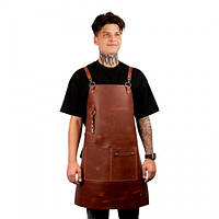 Шкіряний робочий фартух чоловічий для бариста бармена зі шкіряними ременями Коричневий з кишенями