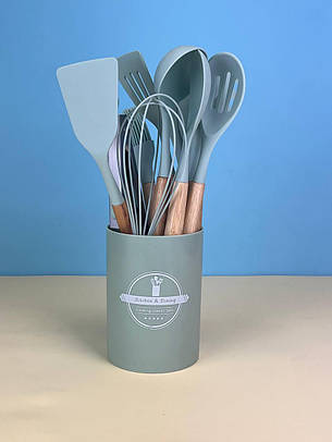 Силіконовий кухонний набір із підставкою на 12 предметів Kitchen Set, бірюзовий, фото 1