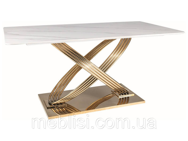 Білий розкладний стіл 160 кераміка, ніжки золото HERMES 160x90 (SIGNAL)