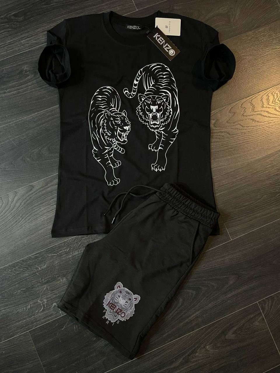 Літній чоловічий костюм Kenzo шорти та футболка з тиграми, брендовий спортивний костюм Бос на літо чорний