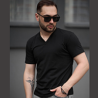 Мужская футболка с v-образным вырезом горловины хлопок классическая однотонная повседневная черная