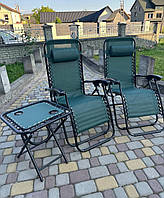 Шезлонг лежак розкладний міцний набор 2 шт + столик, садове крісло для відпочинку на природі темно-зелене