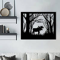 Черная картина на стену, деревянный декор для дома "Прогулка лося", декоративное панно 35x45 см