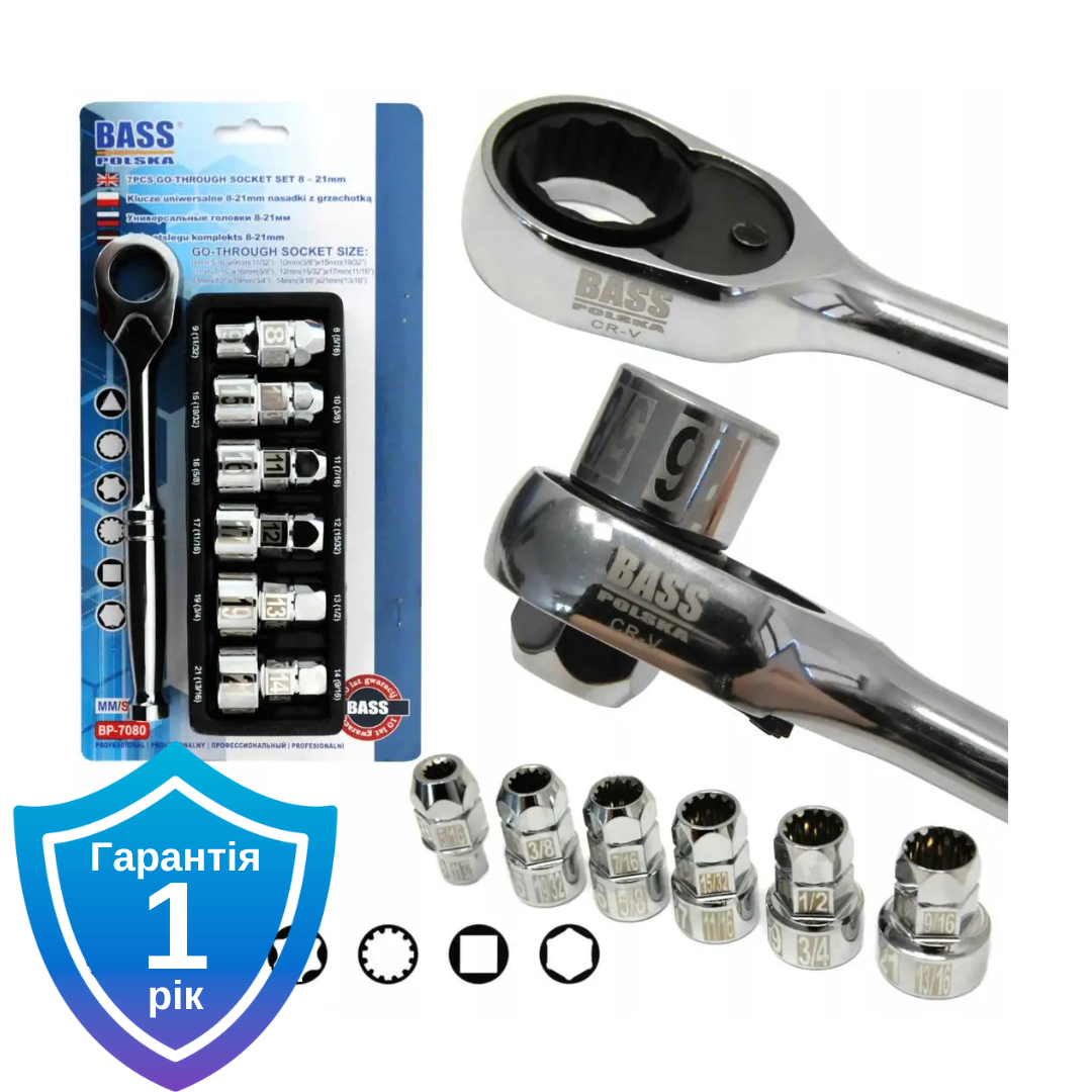 Професійний набір головок торцевих з тріскачкою Bass Polska 7080 8-21 мм, фото 1