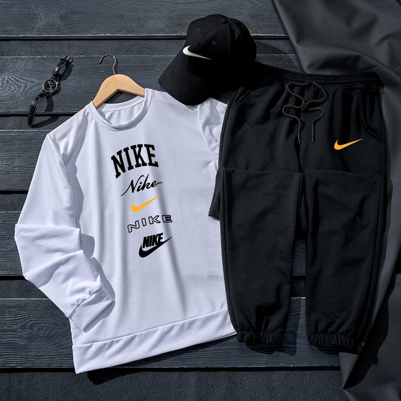 Комплект чоловічий Nike світшот штани кепка весняний осінній спортивний костюм двонитка найк білий-чорний