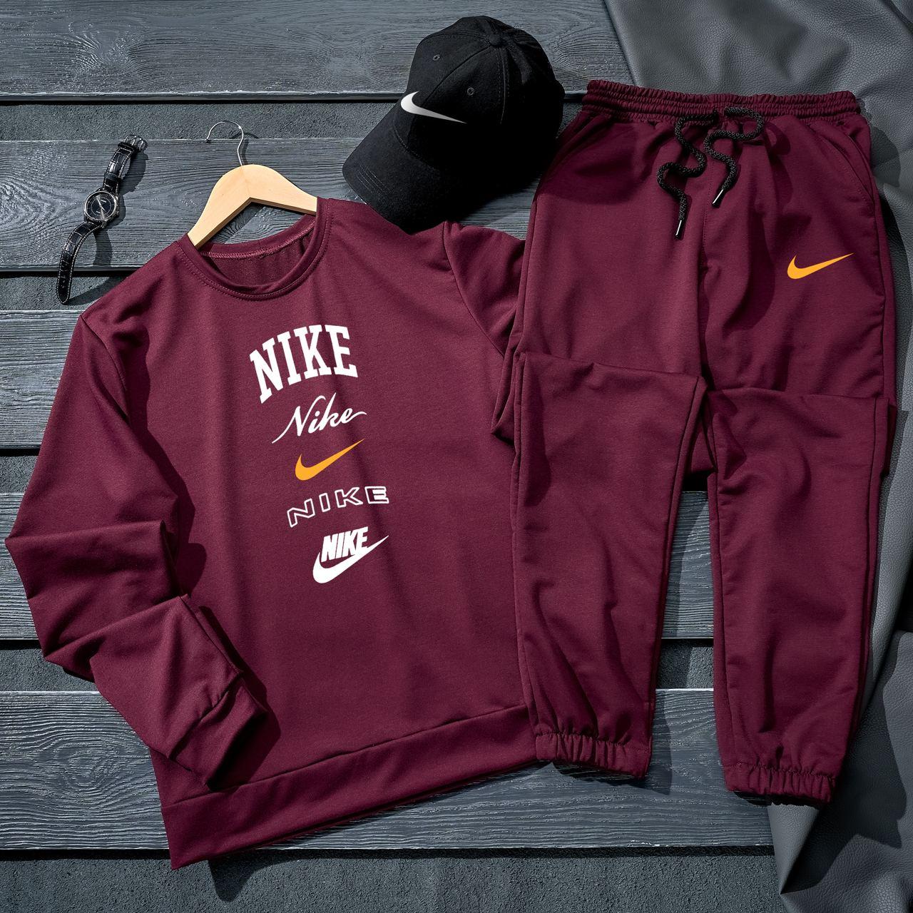 Комплект чоловічий Nike світшот штани кепка весняний осінній спортивний костюм двонитка найк бордовий
