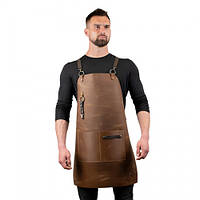 Шкіряний робочий фартух чоловічий для бариста бармена зі шкіряними ременями Коричневий з кишенями