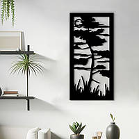 Деревянная картина на стену, декор в комнату "Дерево в водовороте жизни", стиль минимализм 30x15 см