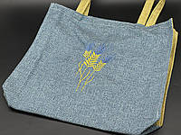 Сумка-шопер 36х33х6см. Эко сумка из мешковины синяя с желтыми ручками с вышивкой. Пшеница