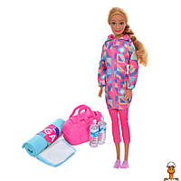 Детская кукла спортсменка, сумочка, коврик для йоги, 2 бутылки воды, игрушка, розовый, от 3 лет