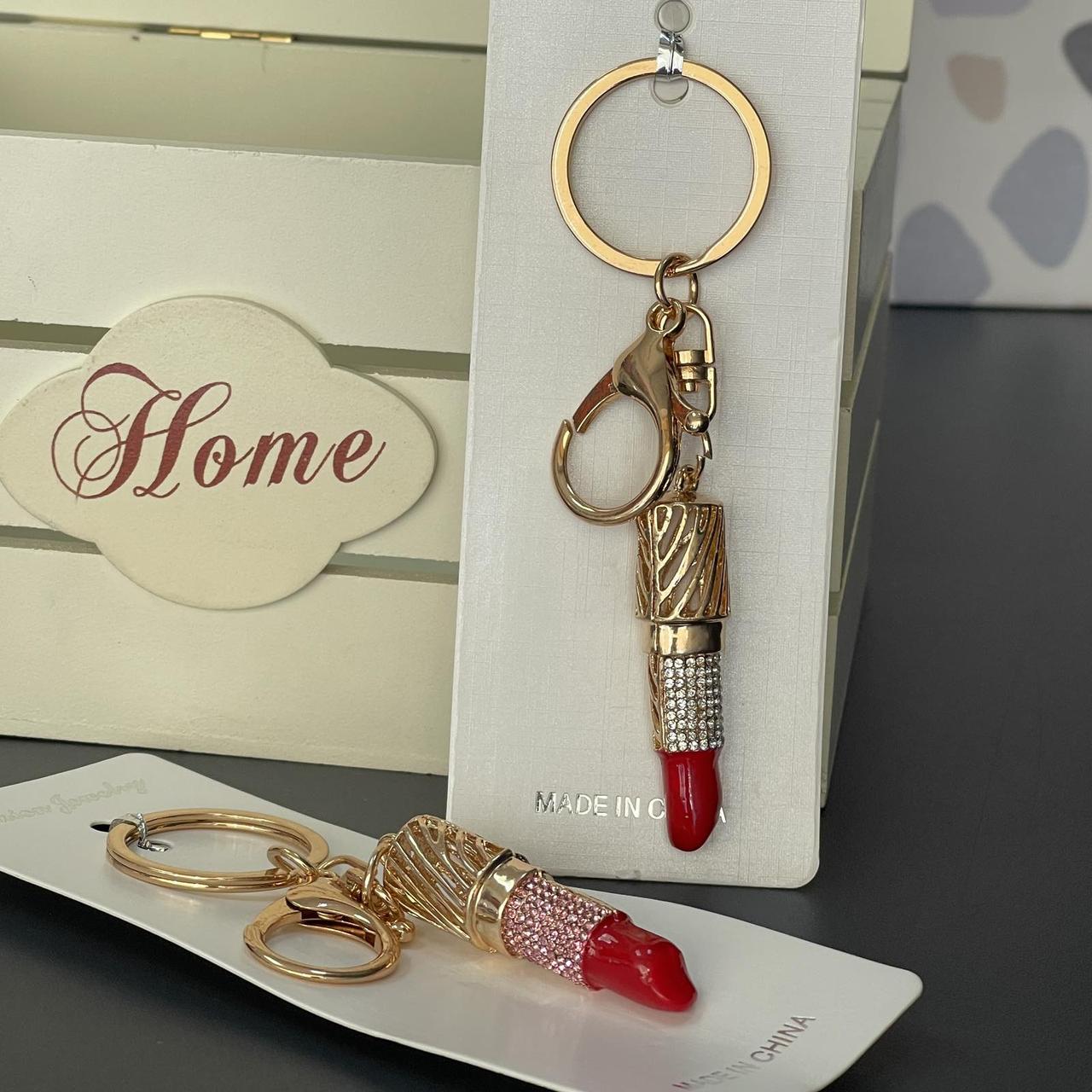 Брелок з камінням "Помада, губи", мікс, металевий, Брелок со стразами "Помада губы", фото 1