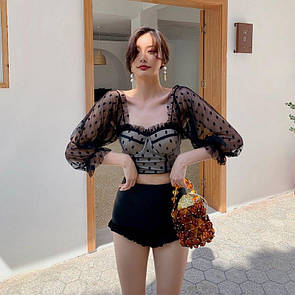 Жіноча корсетна блуза з об'ємними рукавами ліхтариками із сітки в горошок (р. 42-44) 83ru1055