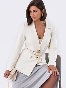 Елегантний легкий однобортний трикотажний жакет приталеного крою вузький втачной рукав колір молочний