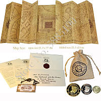 Карта мародеров, письмо о приеме в Хогвартс, кулон Дары Смерти, три монеты в мешочке, билет на Хогвартс