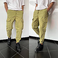 Штаны карго мужские джоггеры с боковыми карманами светлые, брюки карго на манжете внизу бежевые Турция fms