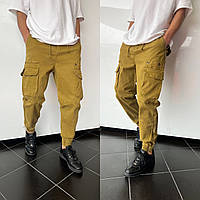 Штаны карго мужские джоггеры с боковыми карманами горчичные, брюки карго на манжете внизу Турция fms